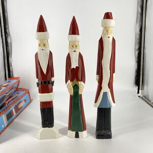 Set Of 3 Vintage Christmas Decoration Wooden Carved Santa 16” Holiday Folk Art
